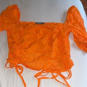 Drawstring Knot Ruched Swiss Dot Crop Top